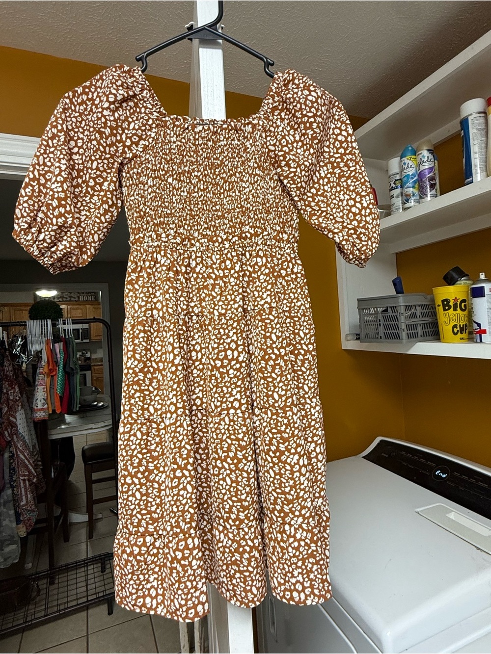 ODDY Rust and White Smocked Midi Dress with Puff Sleeves